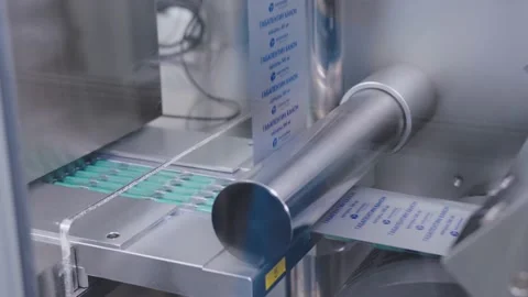 Automatic pharmaceutical machinery packs the pills in blister packs with russian Stock Footage 200856979
