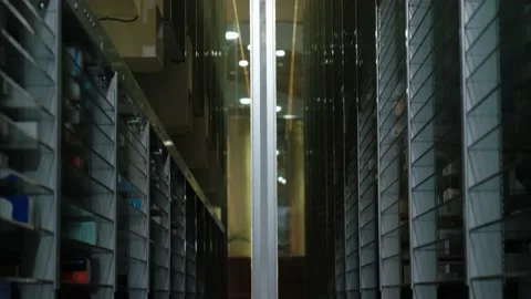 Automatic pharmacy robot for pharmacy. Automatic search for drugs in the Stock Footage 167104037