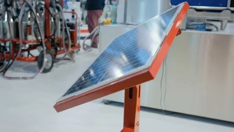 Automatic photovoltaic solar panel working at modern technology exhibition Stock Footage 115546441