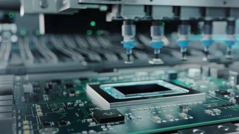 Automatic Pick and Place machine is installing Components on Circuit Board Stock Footage 241492125