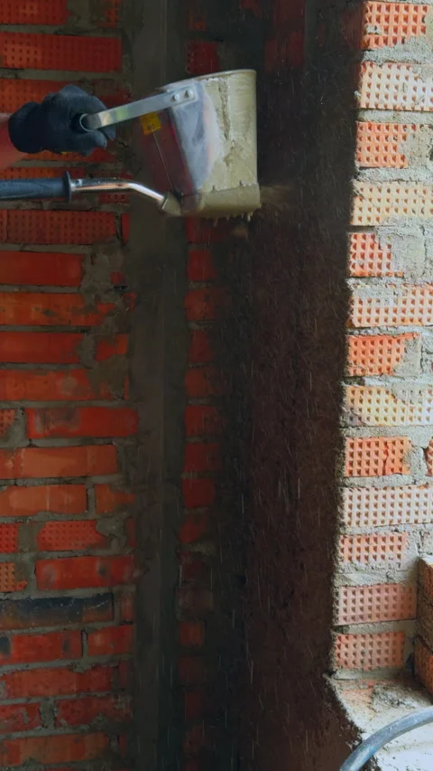 Automatic plaster sprayer applying mortar on brick surface. Vertical video. Stock Footage 333145534
