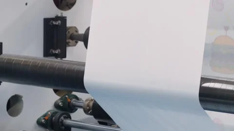 Automatic plastic bag making machine with lighting effect. Close-up of rotati Stock Footage 312117301