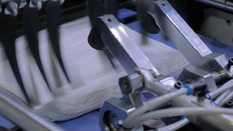 Automatic plastic bag making machine - production of packaging bags: close up Stock Footage 341319307