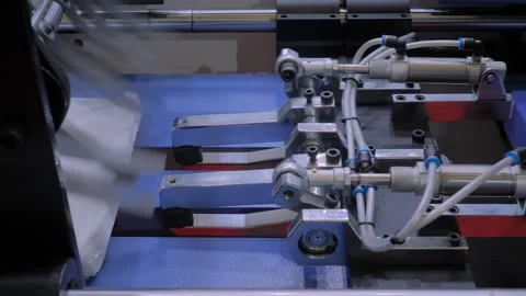 Automatic plastic bag making machine - production of packaging bags: close up Stock Footage 341851742