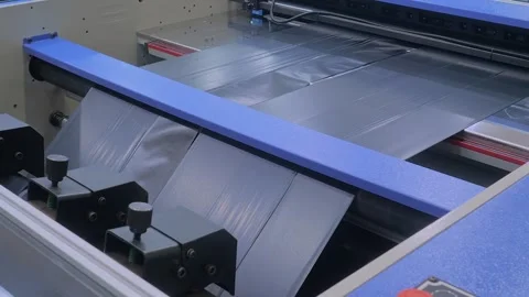 Automatic plastic bag making machine - production of packaging bags: close up Stock Footage 344690358