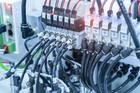 Automatic pneumatic piston unit on industrial machine,automation compressed.. Stock Photos