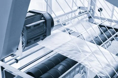 Automatic polyethylene plastic bag production machine with lighting effect. C Foto stock