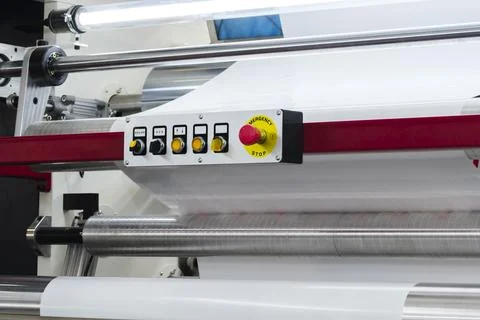 Automatic polyethylene plastic bag production machine with lighting effect. C Foto stock