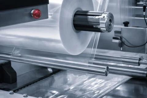 Automatic polyethylene plastic bag production machine with lighting effect. C Foto stock