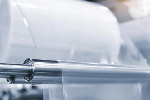 Automatic polyethylene plastic bag production machine with lighting effect. C Foto stock