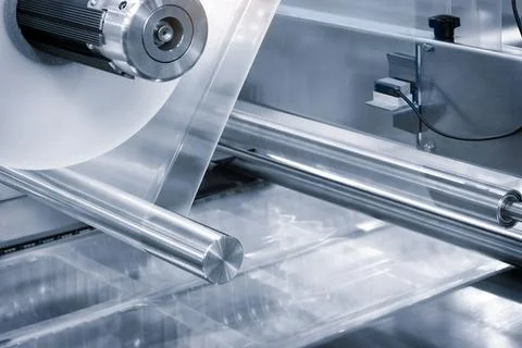 Automatic polyethylene plastic bag production machine with lighting effect. C Foto stock