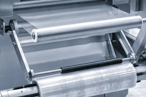 Automatic polyethylene plastic bag production machine with lighting effect. C Foto stock