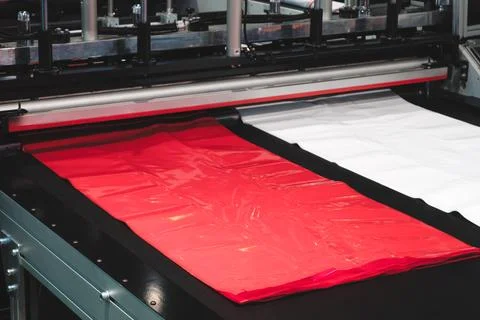 Automatic polyethylene plastic bag production machine with lighting effect. C Foto stock