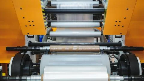 Automatic polyethylene plastic bag production machine with lighting effect. C Foto stock