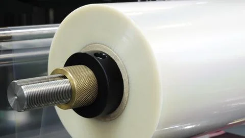 Automatic polyethylene plastic bag production machine with lighting effect. C Foto stock