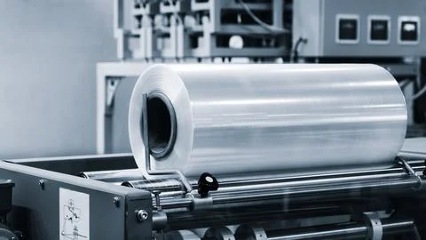 Automatic polyethylene plastic bag production machine with lighting effect. C Foto stock