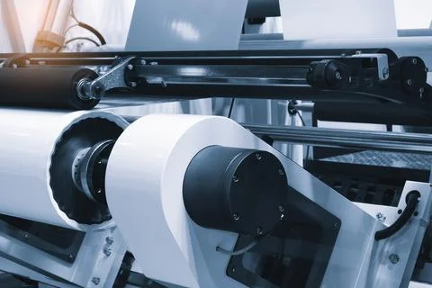 Automatic polyethylene plastic bag production machine with lighting effect. C Stock Photos