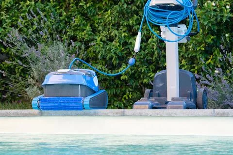Automatic Pool Cleaner by the Poolside with Garden Background Foto stock