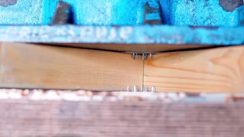 Automatic press engineered wooden roof trusses connected by metal plates timber Stock Footage 326034403