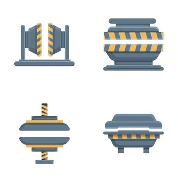 Automatic press icons set cartoon vector. Various automatic press form machine Illustrazione stock