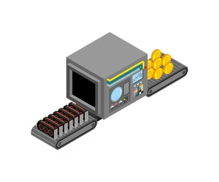 Automatic production of bitcoins. Videocrata and cryptocurrency Production .. Stock Illustration