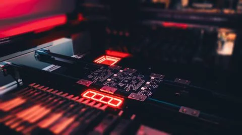 Automatic production of computer chips by SMT Pick and Place machine 스톡 사진
