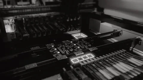 Automatic production of computer chips by SMT Pick and Place machine: black and 스톡 사진