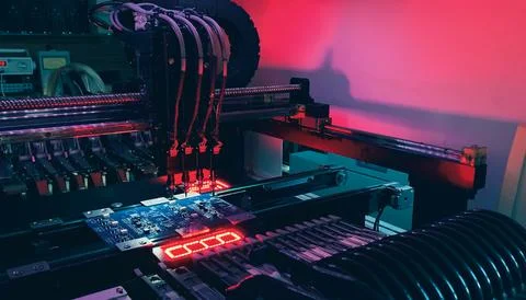 Automatic production of computer chips by SMT Pick and Place machine Stock Photos