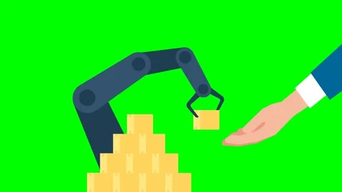 Automatic production conveyor. Cooperation of man and robotic hand. Robotic arm Video stock 256450893