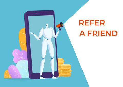 Automatic referral business program, concept robot character refer friend, web Stock Illustration