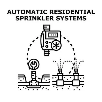 Automatic residential sprinkler systems watering lawn Illustrazione stock