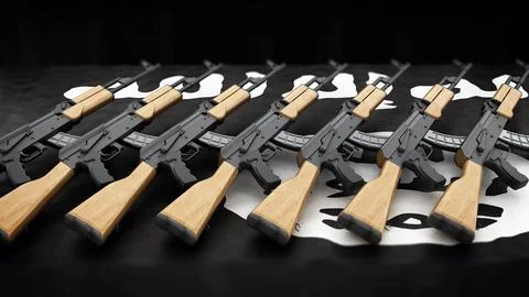 Automatic rifles standing on the table. 3D illustration Stock Illustration