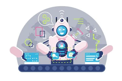 Automatic robot bot arms working on conveyor belt. Stock Illustration