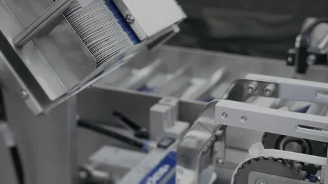 Automatic robot packer feeds cardboard boxes for medicine packaging. Stock Footage 306580879