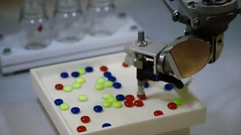 Automatic robot pharmaceutical industry. Robot automatically sorting balls Stock Photos