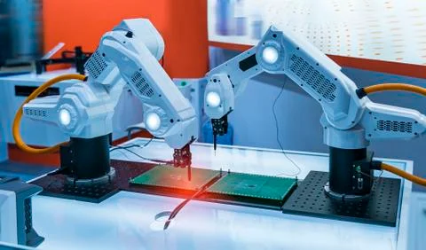 Automatic robot for print circuit board (PCB)assembly machine during solderin Stock Photos