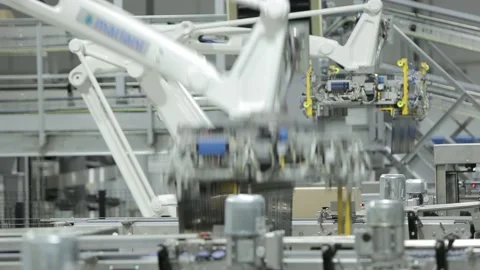 Automatic robot sorting carton boxes Stock Footage 219677909