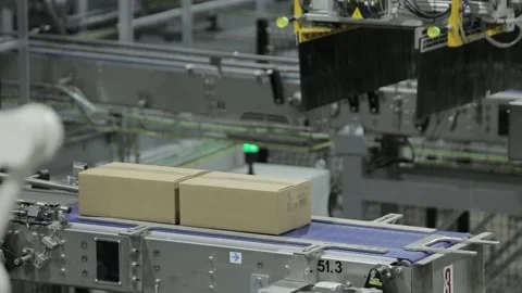 Automatic robot sorting carton boxes Stock Footage 220037458