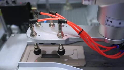 Automatic robot with vacuum suckers with conveyor in manufacture mobile factory Stock-Footage 287110707