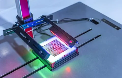 Automatic robot vision sensor camera system in intellegence pcb factory Stock Photos