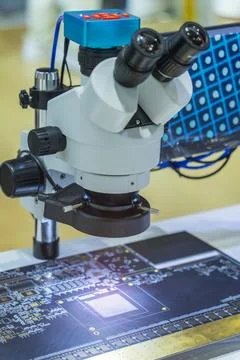 Automatic robot vision sensor camera system in intellegence pcb factory Stock Photos