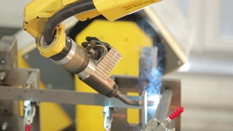 Automatic robotic welding using robots Stock Footage 158760569