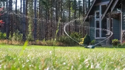 Automatic rotating sprinkler watering the lawn in front of a suburban home Video stock 113174248