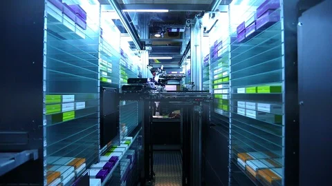 Automatic search for drugs in the pharmacy, high-tech robot Stock Footage 98022010