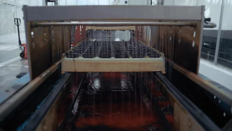 Automatic seeding machine watering seed trays in greenhouse Stockbeeldmateriaal 313506748