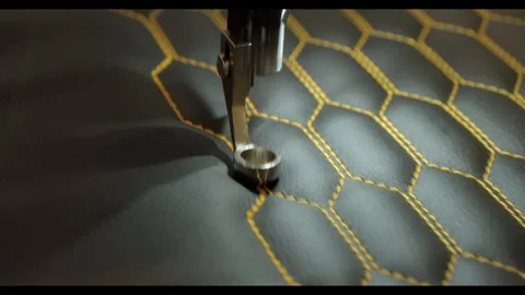 Automatic sewing machine makes stitching with yellow threads Stock Footage 270425967