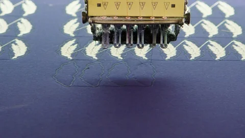 Automatic sewing machinery making patterns from digital command Stock Footage 118742807