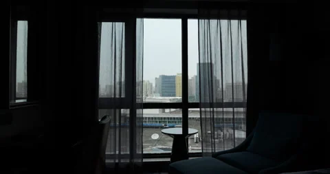 Automatic sheer curtain opening close and then open modern room Stock-Footage 327655252