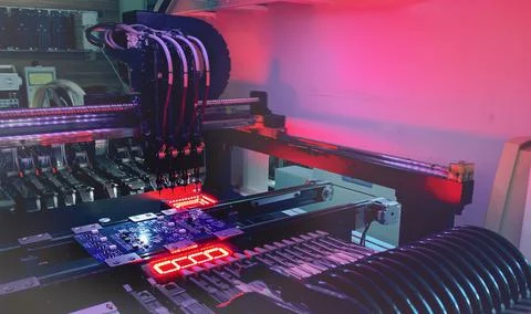 Automatic SMD machine Work: Assemble of system board elements by robotic hand. Foto stock