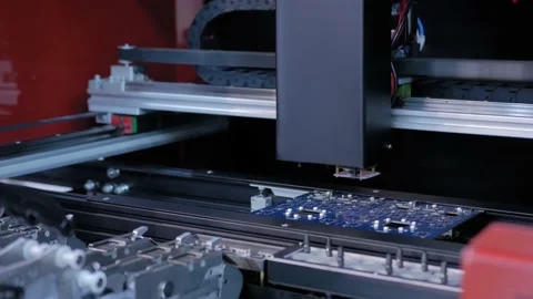 Automatic SMD pick and place machine assembling computer printed circuit board Stock Footage 130599621